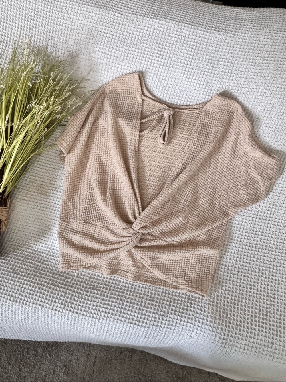 SHEIN Beige Twist-Front Crop Knit Top
